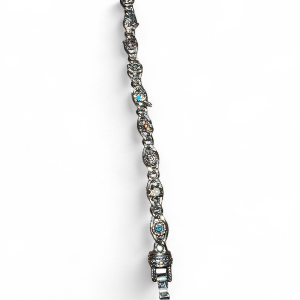 Vintage Signed Goldette Silver Tone Colorful Multi-Stone Charm Link Bracelet - Picture 8 of 11